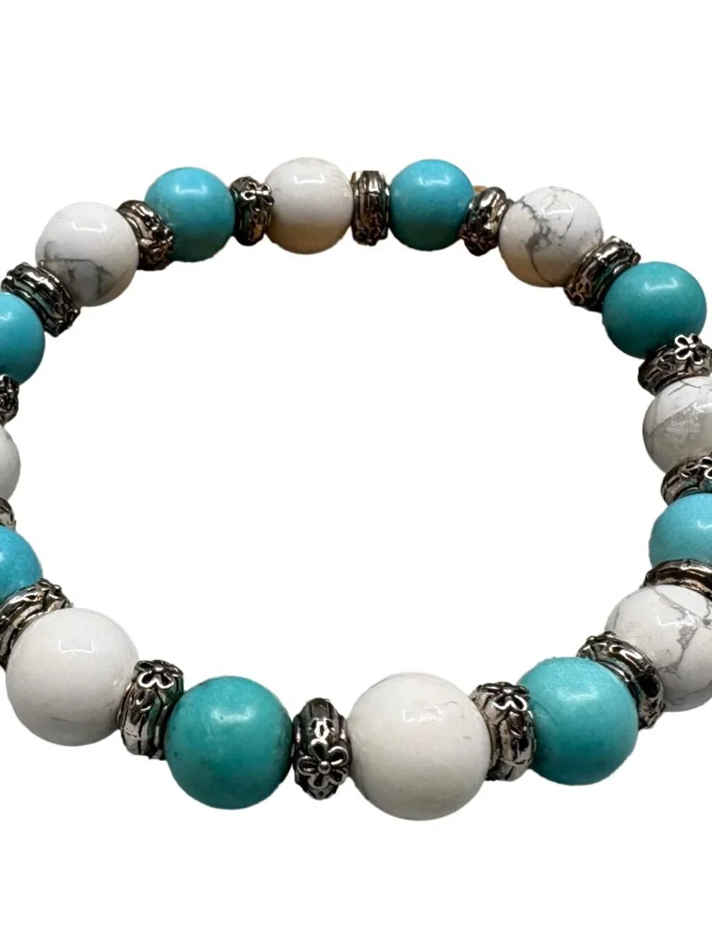 8mm Natural Blue Turquoise White Howlite Stone Stretch Beaded Bracelet Silver